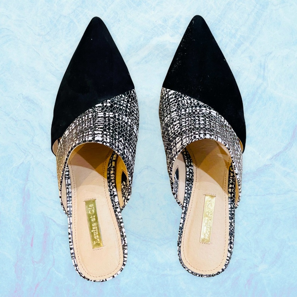 Authentic Women’s Louise Et Cie Pointed Suede/Checked leather Mules, 7 1/2